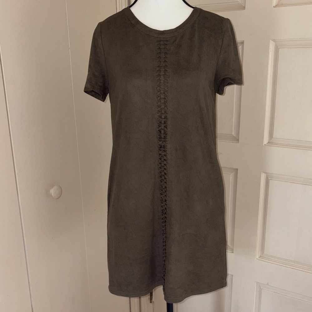 Love Riche Olive Greenish grey Short Sleeve Suede-Look Shift Dress